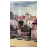 Vintage European Waterside Village Framed Print