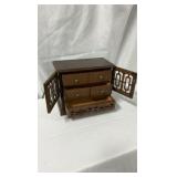 Vintage Wooden Jewelry Chest with Fretwork Doors - 11" x 6" x 9"
