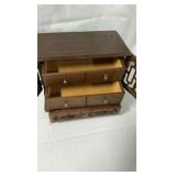 Vintage Wooden Jewelry Chest with Fretwork Doors - 11" x 6" x 9"