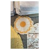 Vintage Table Linens & Textiles Lot – Quilted Placemats, Braid Trivets, & Embroidered Sunshine Towel