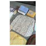 Vintage Table Linens & Textiles Lot – Quilted Placemats, Braid Trivets, & Embroidered Sunshine Towel