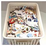 Vintage Stamp Lot in Plastic Bin - Assorted Used & Unused Stamps, USA & Worldwide