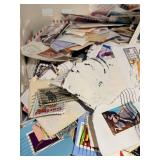 Vintage Stamp Lot in Plastic Bin - Assorted Used & Unused Stamps, USA & Worldwide