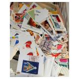Vintage Stamp Lot in Plastic Bin - Assorted Used & Unused Stamps, USA & Worldwide
