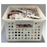 Vintage Stamp Lot in Plastic Bin - Assorted Used & Unused Stamps, USA & Worldwide