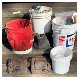 Four Plastic Tubs with Handyman items featuring: Rooster Leather Tool Pouches & Buck Belt with Hardware, Nails & Fasteners and more
