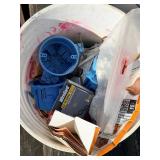 Four Plastic Tubs with Handyman items featuring: Rooster Leather Tool Pouches & Buck Belt with Hardware, Nails & Fasteners and more