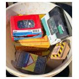 Four Plastic Tubs with Handyman items featuring: Rooster Leather Tool Pouches & Buck Belt with Hardware, Nails & Fasteners and more