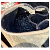 Four Plastic Tubs with Handyman items featuring: Rooster Leather Tool Pouches & Buck Belt with Hardware, Nails & Fasteners and more