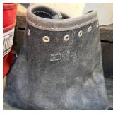 Four Plastic Tubs with Handyman items featuring: Rooster Leather Tool Pouches & Buck Belt with Hardware, Nails & Fasteners and more