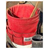 Four Plastic Tubs with Handyman items featuring: Rooster Leather Tool Pouches & Buck Belt with Hardware, Nails & Fasteners and more