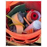 Four Plastic Tubs with Handyman items featuring: Rooster Leather Tool Pouches & Buck Belt with Hardware, Nails & Fasteners and more