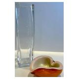 Etched Artisan Clear Crystal Vase & Amber Orange Art Glass Bowl