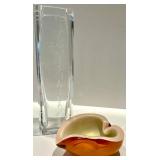 Etched Artisan Clear Crystal Vase & Amber Orange Art Glass Bowl