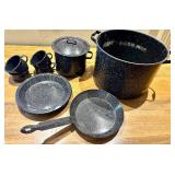 Speckled Enamelware Cookware Set - Large Stock Pot & Lidded Pot, Pans & Mugs