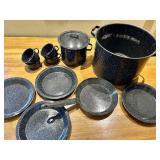 Speckled Enamelware Cookware Set - Large Stock Pot & Lidded Pot, Pans & Mugs