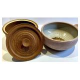 Signed Stoneware Pot w/ Lid & Blue Glazed Bowl