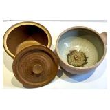 Signed Stoneware Pot w/ Lid & Blue Glazed Bowl
