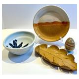 Pottery Blue Leaf Bowl, Plate & Leaf-Shaped Dish with Stone Egg
