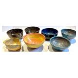 Mixed 7-Piece Glazed Ceramic Bowl Set,  Blue, Brown & Yellow - Signed