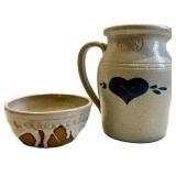 Artisan Stoneware Pitcher & Bowl Set - Handmade with Blue Heart Motif