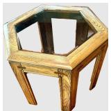 Hexagonal Glass-Top Wood Console Table - 25 x 25 x 21