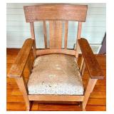 Vintage Arts and Crafts Oak Rocking Chair with Floral Upholstery