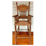 Antique Oak Spindle-Back High Chair with Cane Seat