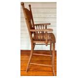 Antique Oak Spindle-Back High Chair with Cane Seat