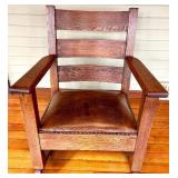 Vintage Oak Rocking Chair Leather Upholstered Seat with Nailhead Trim