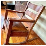 Vintage Oak Rocking Chair Leather Upholstered Seat with Nailhead Trim