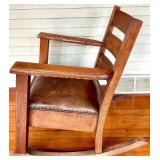 Vintage Oak Rocking Chair Leather Upholstered Seat with Nailhead Trim