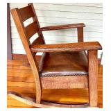 Vintage Oak Rocking Chair Leather Upholstered Seat with Nailhead Trim