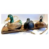 Three Wooden Duck Decoys on Base - Folk Art Carvings