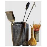 Vintage Fireplace Metal Tool Caddy with Spade, Brush & Broom