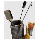 Vintage Fireplace Metal Tool Caddy with Spade, Brush & Broom