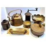 Antique Brass Kitchenware Lot with Kettle, Grinder, Canisters & Thorp Handle