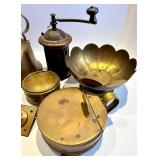 Antique Brass Kitchenware Lot with Kettle, Grinder, Canisters & Thorp Handle