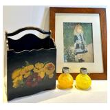 Hand-Painted Floral Magazine Rack & Framed Print & 2 Yellow Led Solar Lanterns
