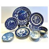 Assorted Blue Transferware including Homer Laughlin and Petrus Regout