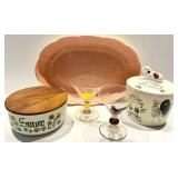 Knabstrup Denmark Smør Butter Crock w/ Wood Lid, Rooster Jar, Pink Oval Plate & 2 Glasses