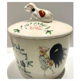 Knabstrup Denmark Smør Butter Crock w/ Wood Lid, Rooster Jar, Pink Oval Plate & 2 Glasses