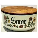 Knabstrup Denmark Smør Butter Crock w/ Wood Lid, Rooster Jar, Pink Oval Plate & 2 Glasses