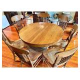 Oak Round Dining Table Set with 7 Windsor Cane-Seat Chairs