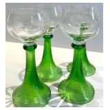 Green Glass Goblets - Set of 4 with Clear Bowls & Etched Pattern