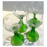 Green Glass Goblets - Set of 4 with Clear Bowls & Etched Pattern