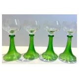 Green Glass Goblets - Set of 4 with Clear Bowls & Etched Pattern