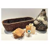 Vase, Woven Basket with 3 Votive Holders, 4 Sandstone Coasters & Egg Cup