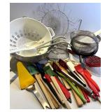 Assorted Kitchen Utensils & Strainers - Colanders, Spatulas, Spoons & Tongs