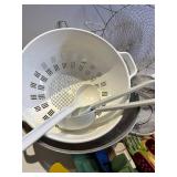 Assorted Kitchen Utensils & Strainers - Colanders, Spatulas, Spoons & Tongs